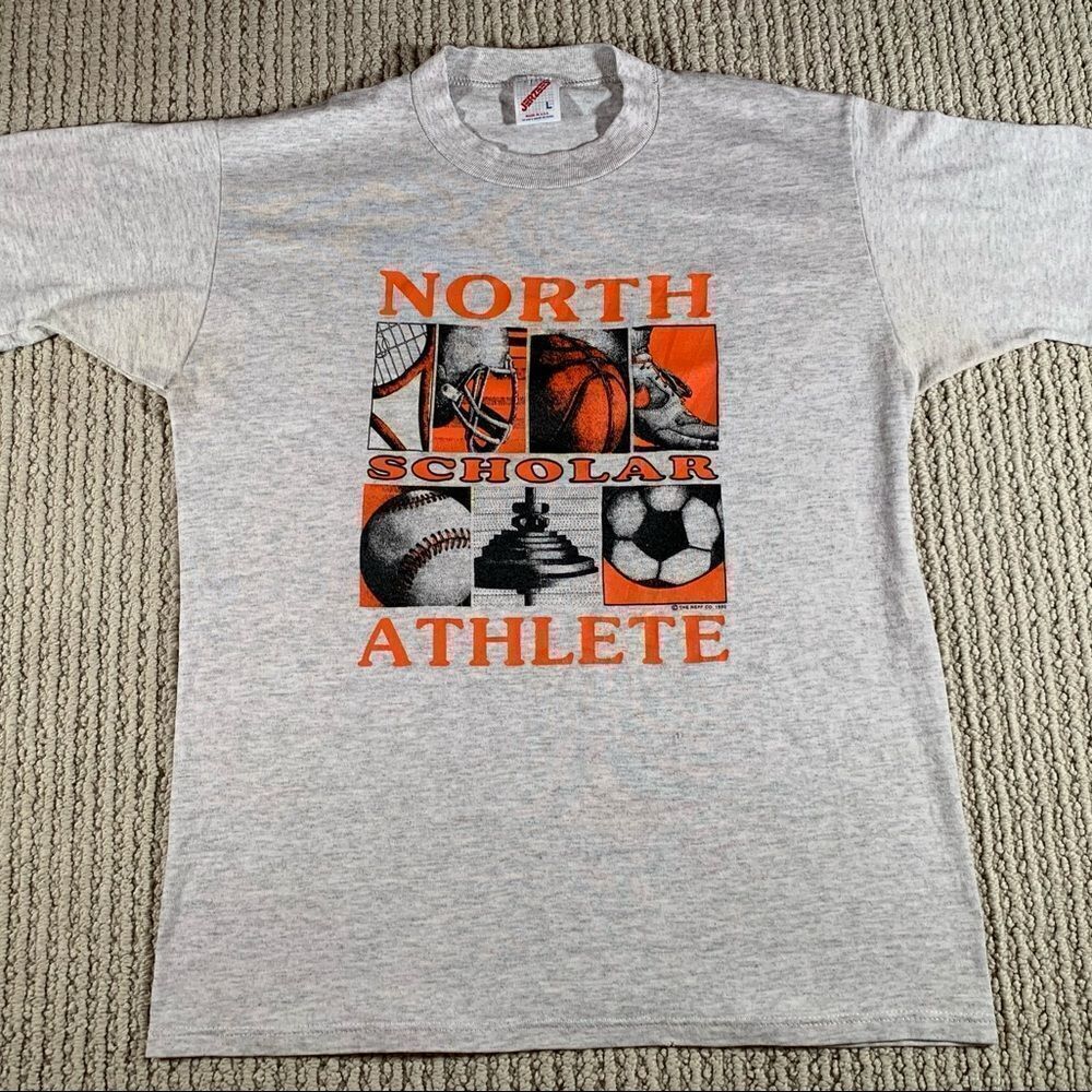 Jerzees Vintage T-shirt North Scholar Athlete Orange Large Single Stitch USA 90s